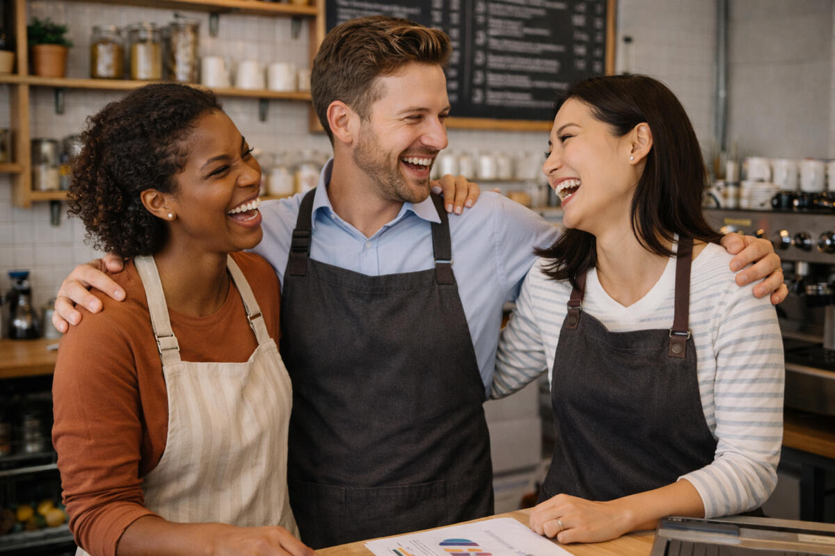 Café Owner Checking Super Guarantee Records Café owner using a laptop to check payroll and super guarantee records for their small business.