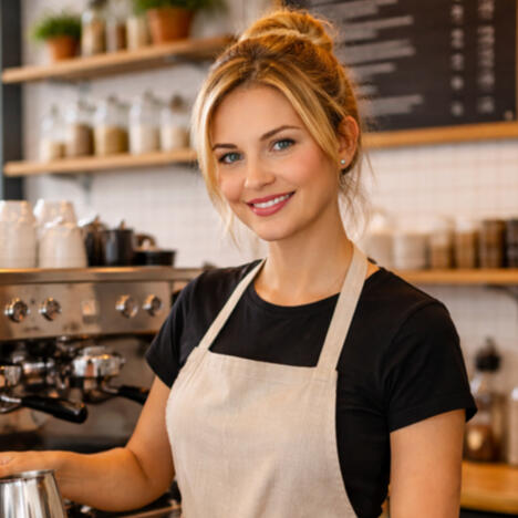 Café Owner Reviewing Payroll and Super Café owner in an apron sitting at a small table, looking at a laptop and paperwork related to staff superannuation.